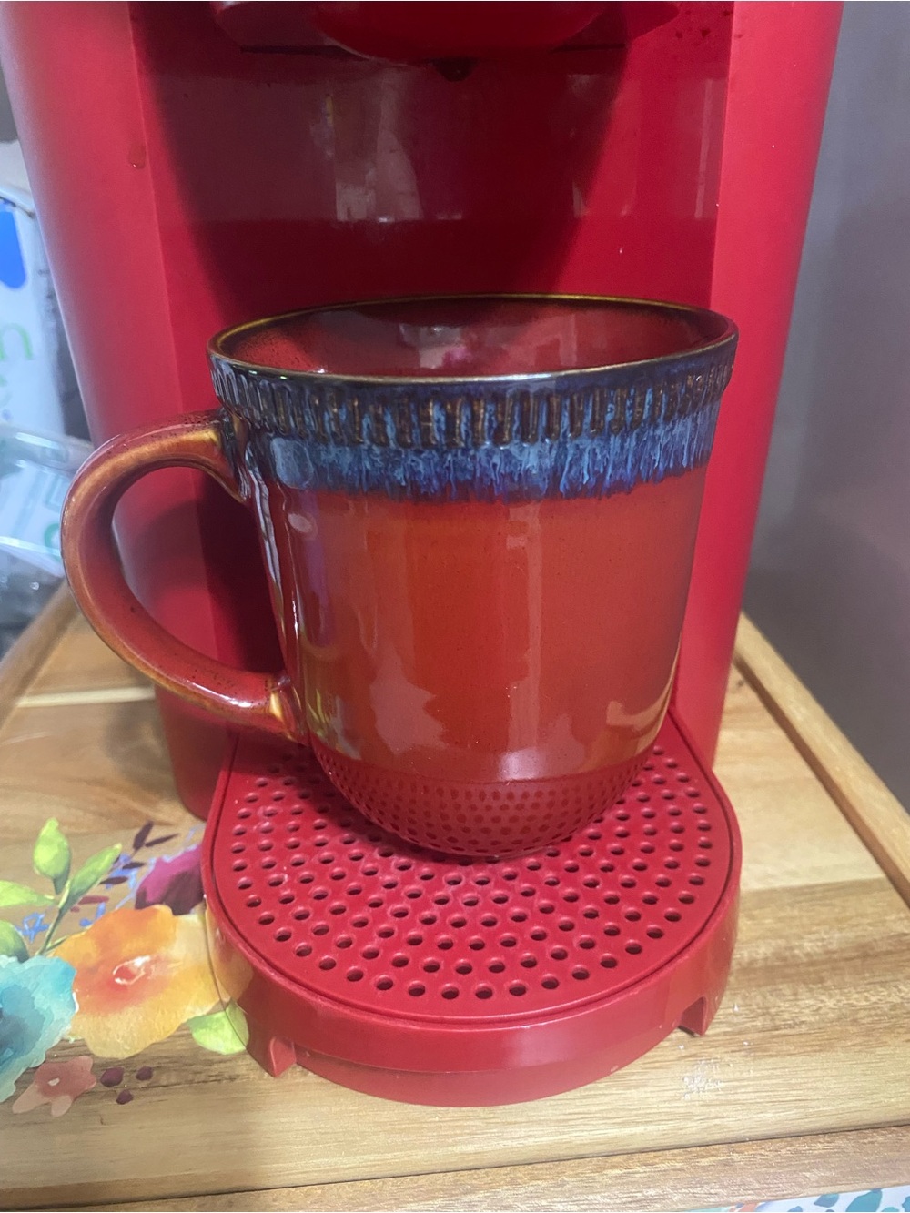 Pier 1 Red Ceramic Mug with Blue Rim Accent